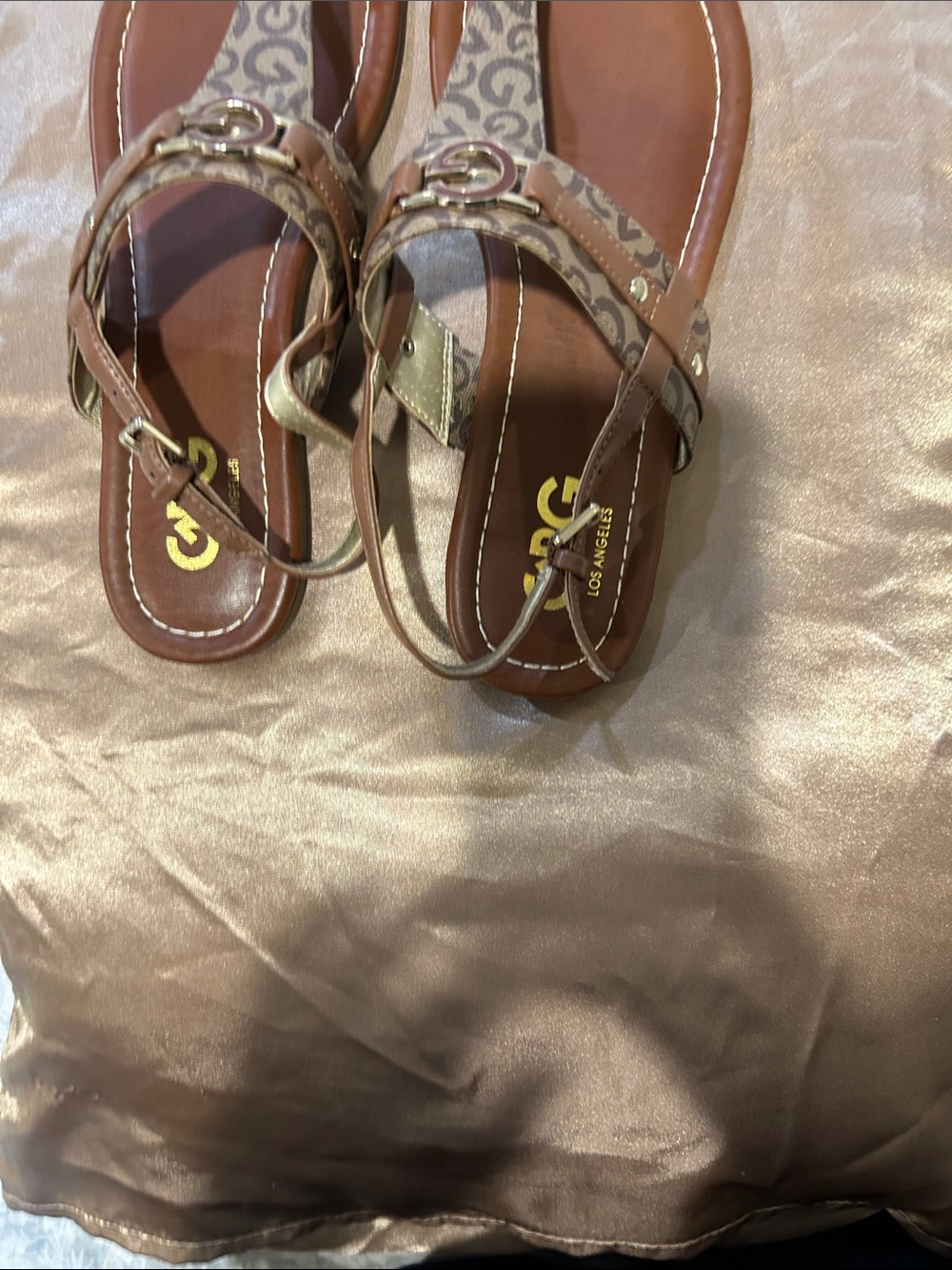 GBG Los Angeles Brown and Tan Logo Strap Sandals